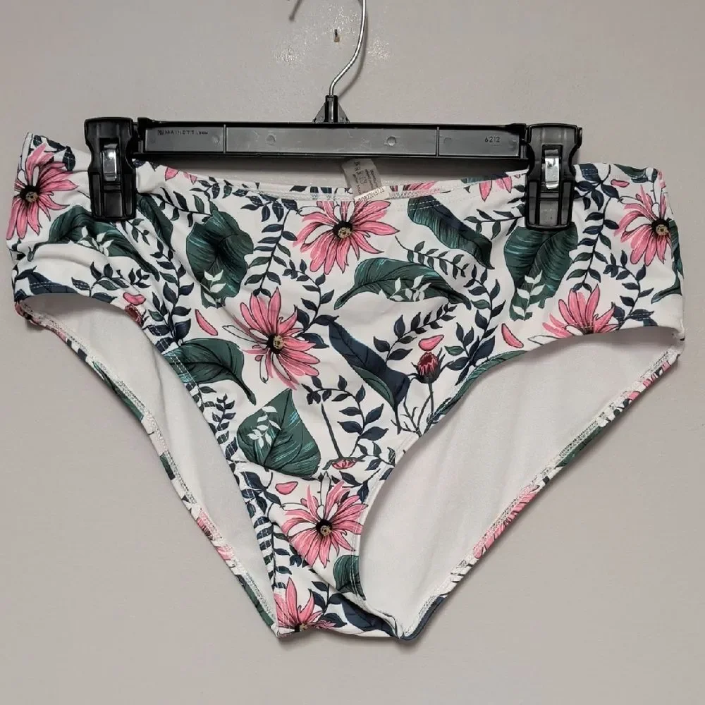 Floral High-Rise Bikini Bottoms in White and Pink